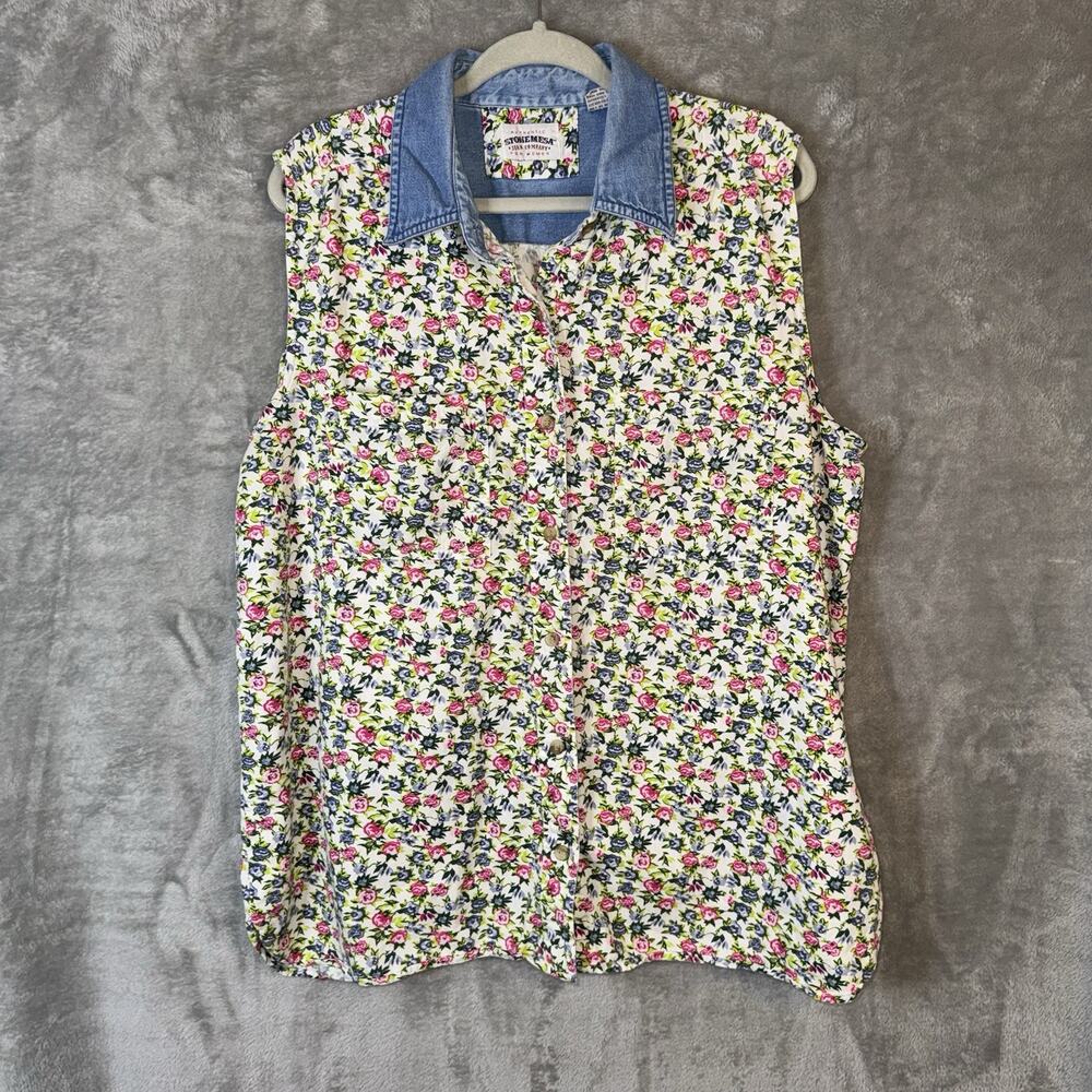 Vintage 90s Floral Denim Button Up Shirt Plus Size 22 Cottagecore Country